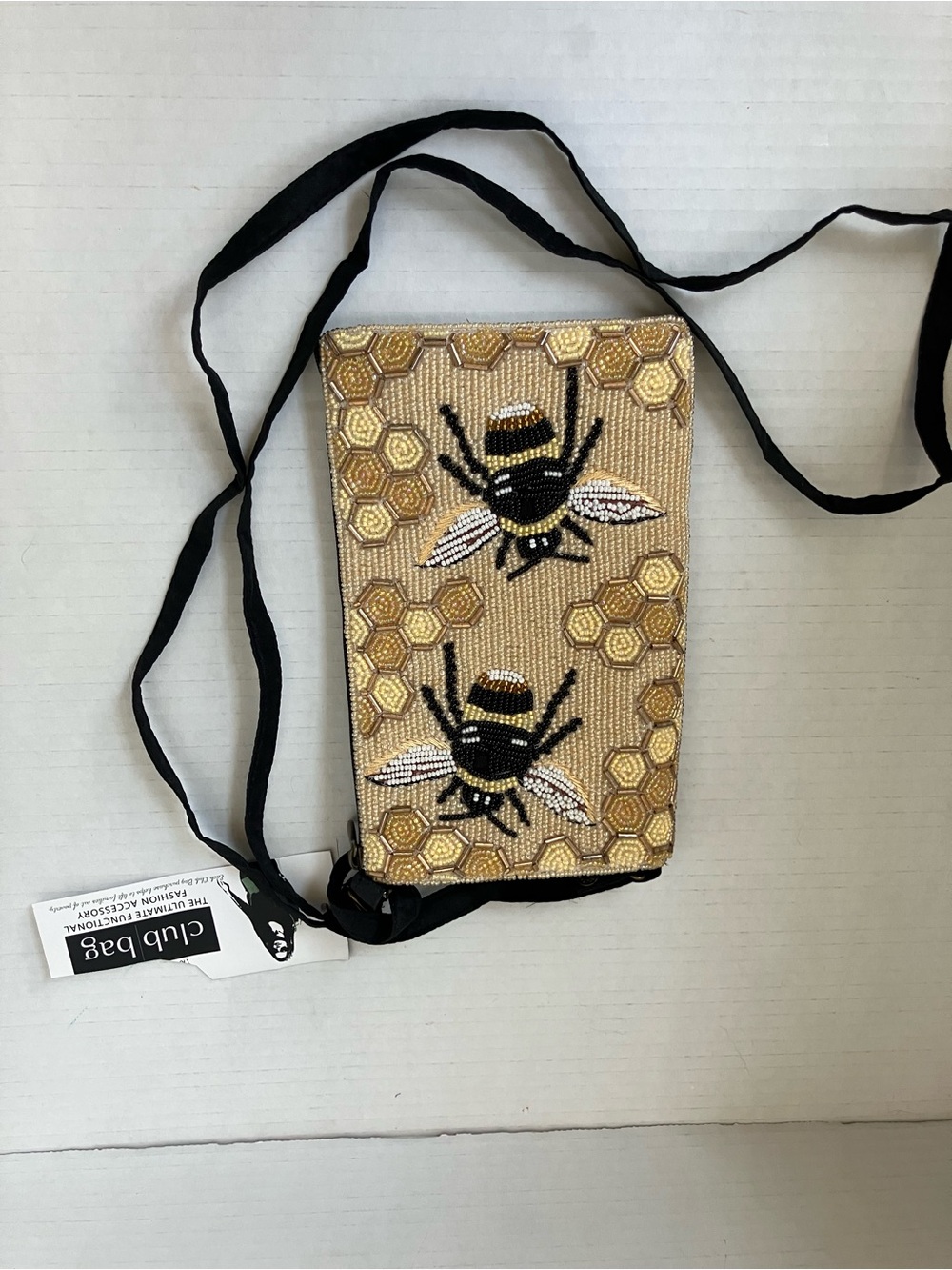 Beaded Honey Bee Crossbody Club Bag Pouch & Zipper Pockets Gold Yellow Black